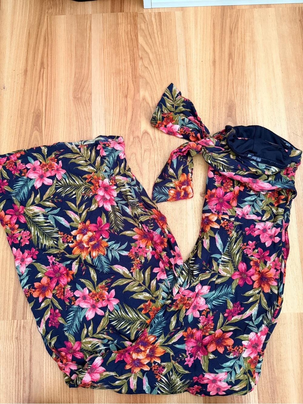 AE| Navy Floral Strapless Jumpsuit with a Front-tie
